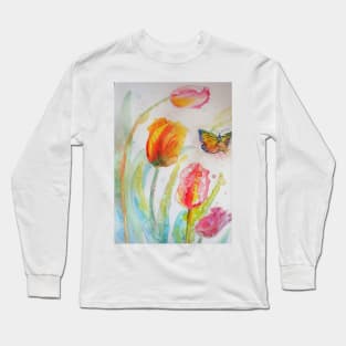 Colorful Tulip Watercolor Painting and Butterfly Long Sleeve T-Shirt